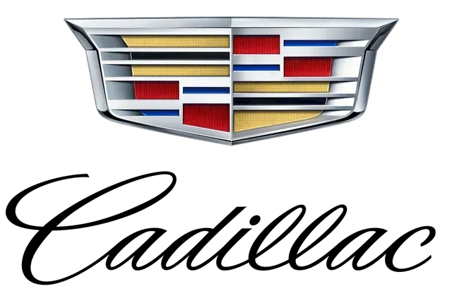 Cadillac logo with crest emblem in red, blue, gold, and silver above the word “Cadillac” in cursive