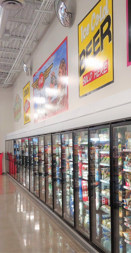 Beverage refrigerators inside convenience store at the Last Stop Travel Center near Las Vegas