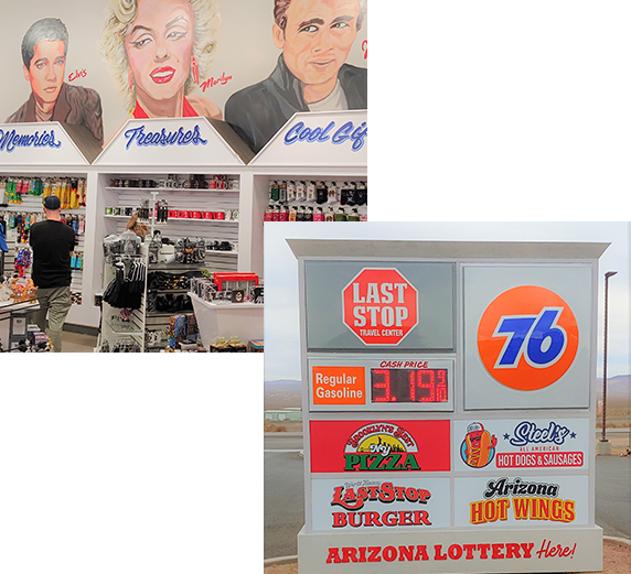 Interior of convenience store near Las Vegas and outdoor signage of gas station