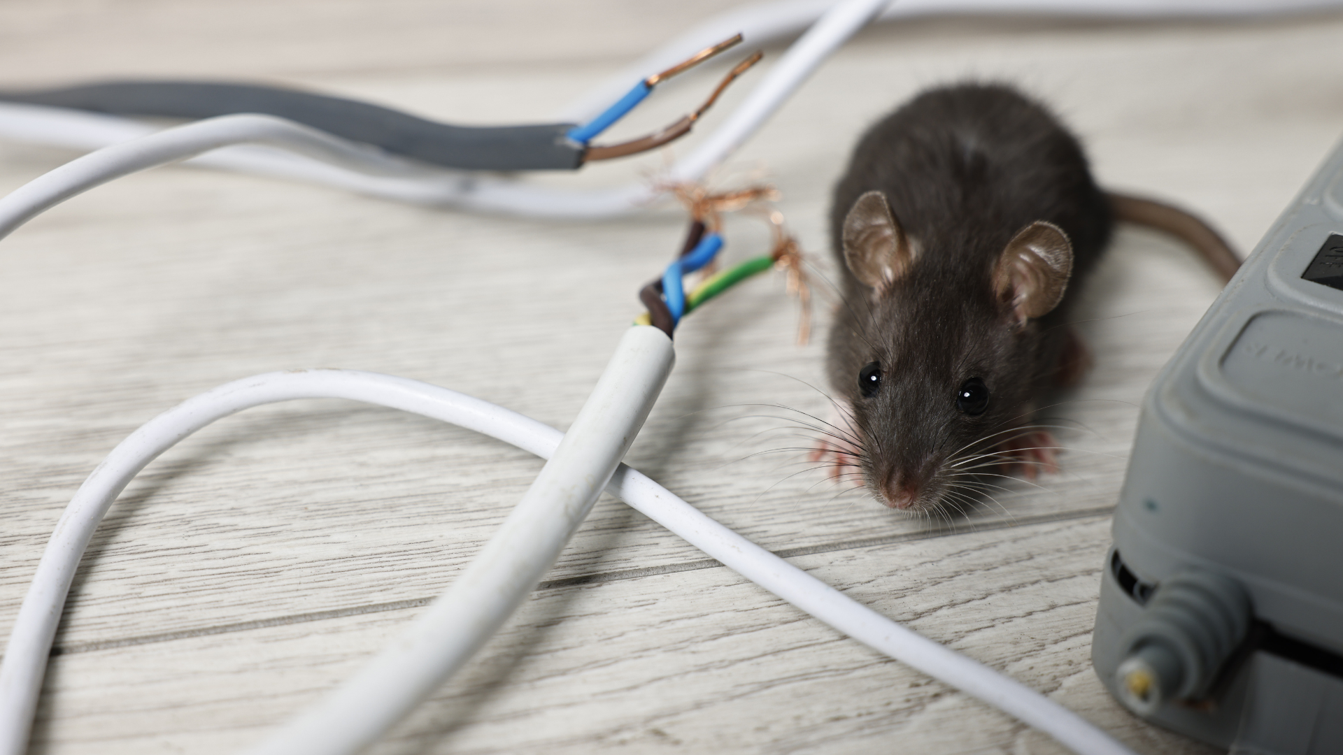 A mouse is sitting on a wooden floor next to a broken power cord.