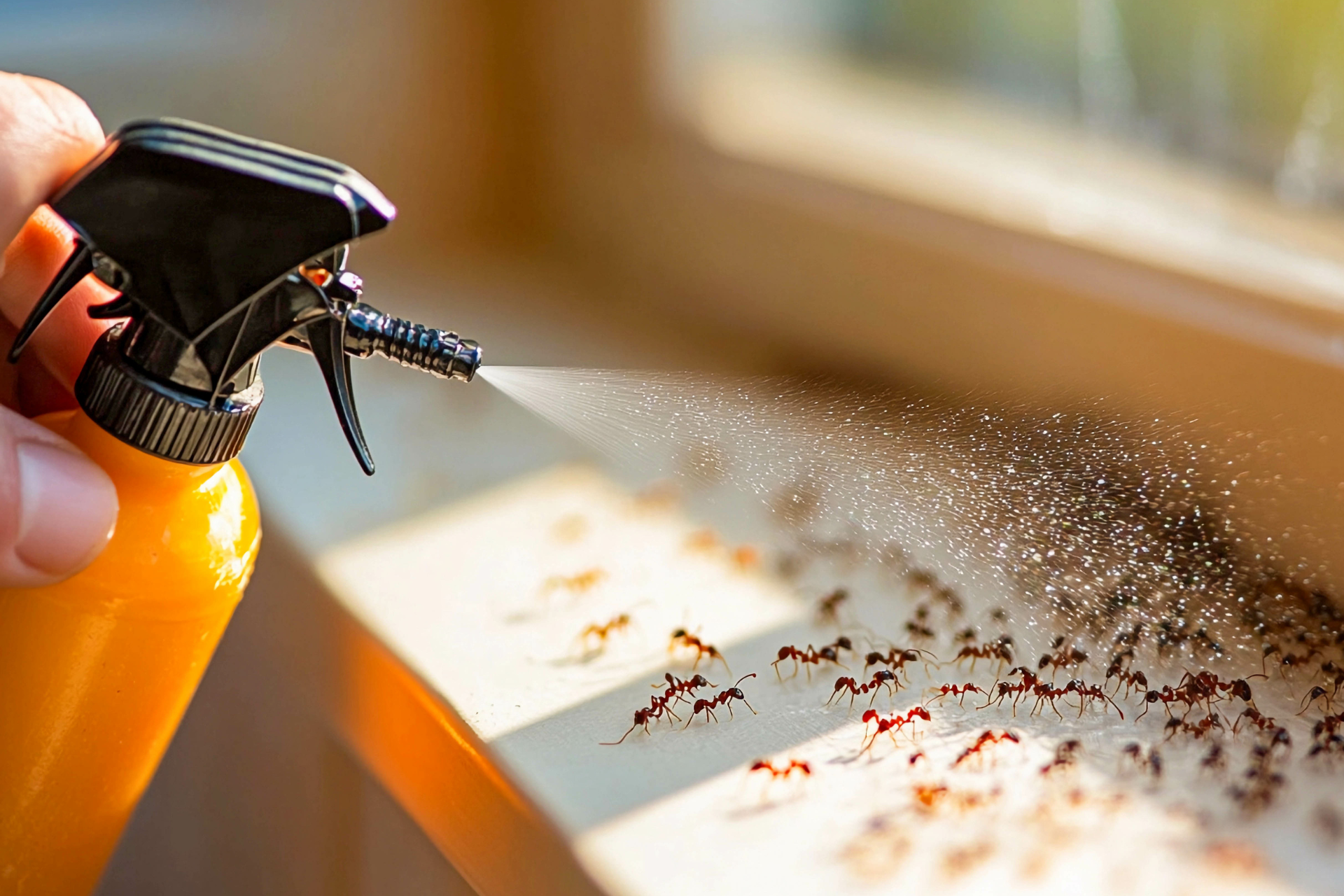 A person is spraying a bottle of insecticide on a window sill.
