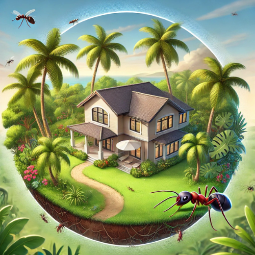 An ant is standing in front of a house surrounded by palm trees.