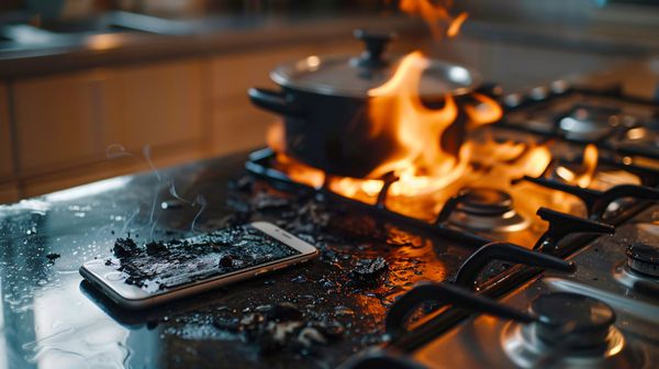 Une casserole est en feu sur une cuisinière à côté d'un téléphone portable qui brûle.