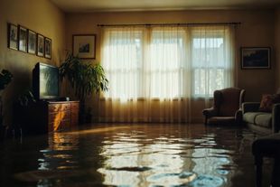 Le salon est inondé ; l'eau reflète la lumière du soleil. Les meubles et les œuvres d'art sont partiellement submergés.