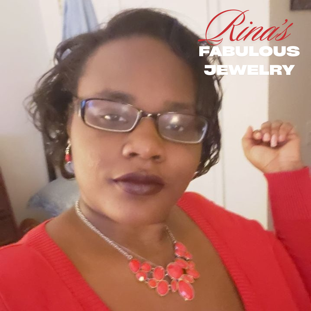 Woman with glasses and red jewelry, wearing a red top, promoting