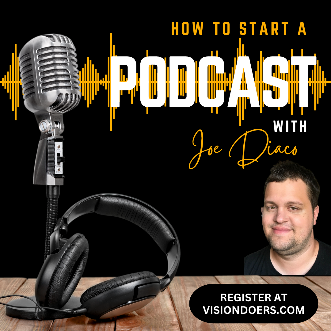 An advertisement for how to start a podcast with joe disco