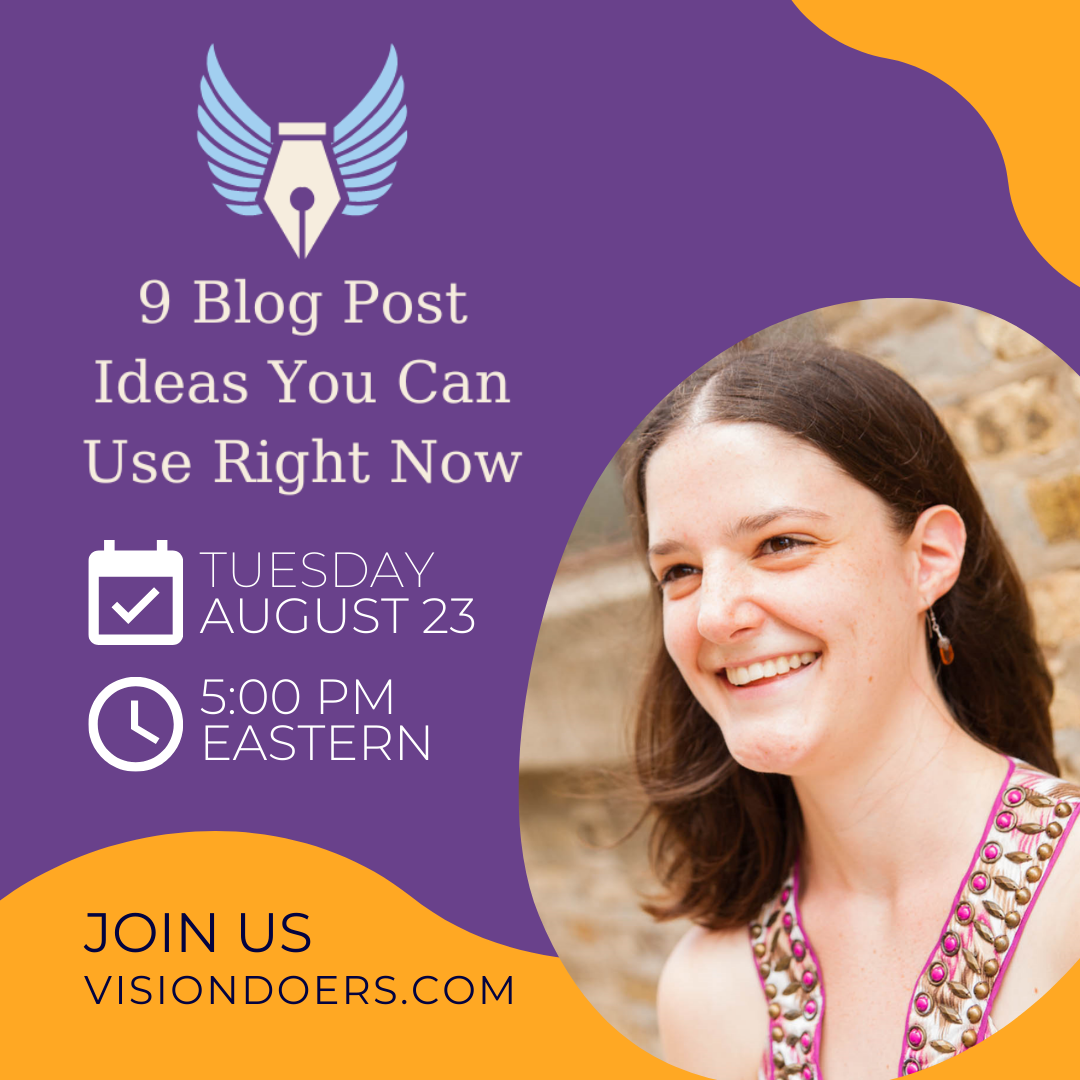 A woman is smiling in front of a sign that says 9 blog post ideas you can use right now