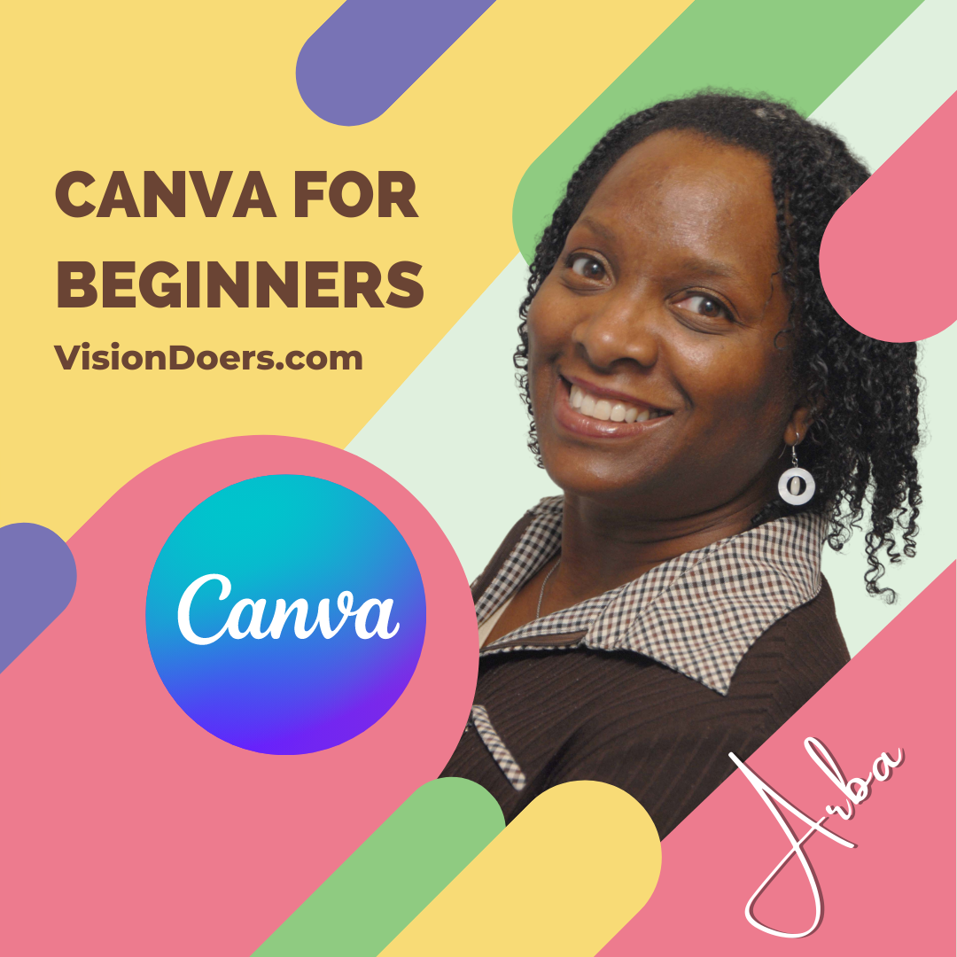A woman is smiling in front of a canva logo