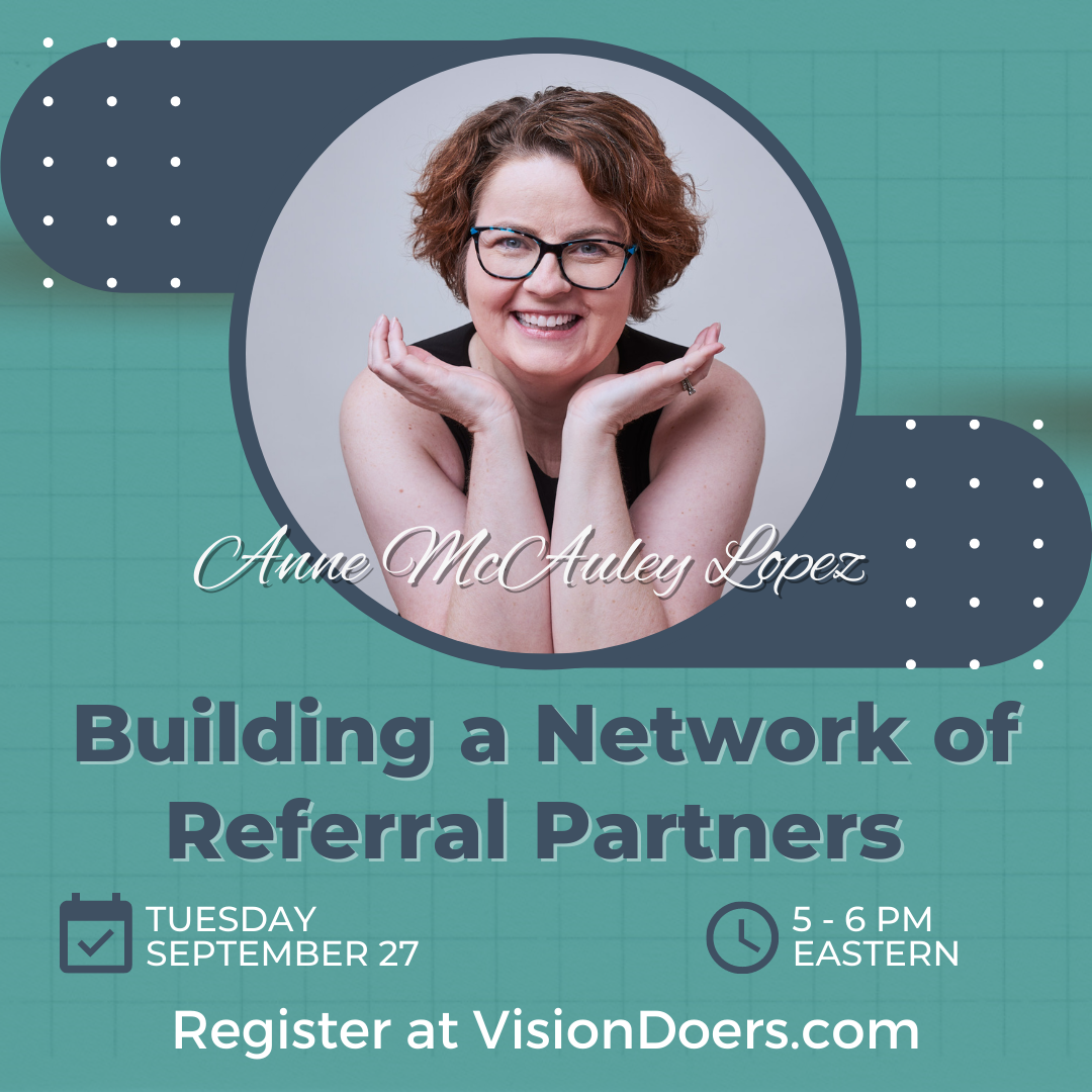 An advertisement for an event called building a network of referral partners