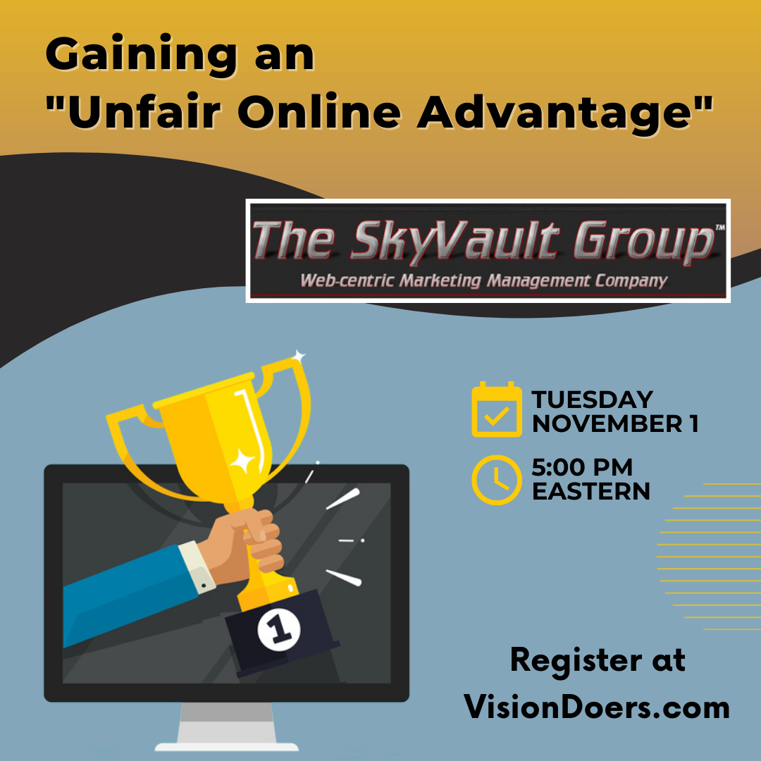 An advertisement for the skyvault group shows a hand holding a trophy