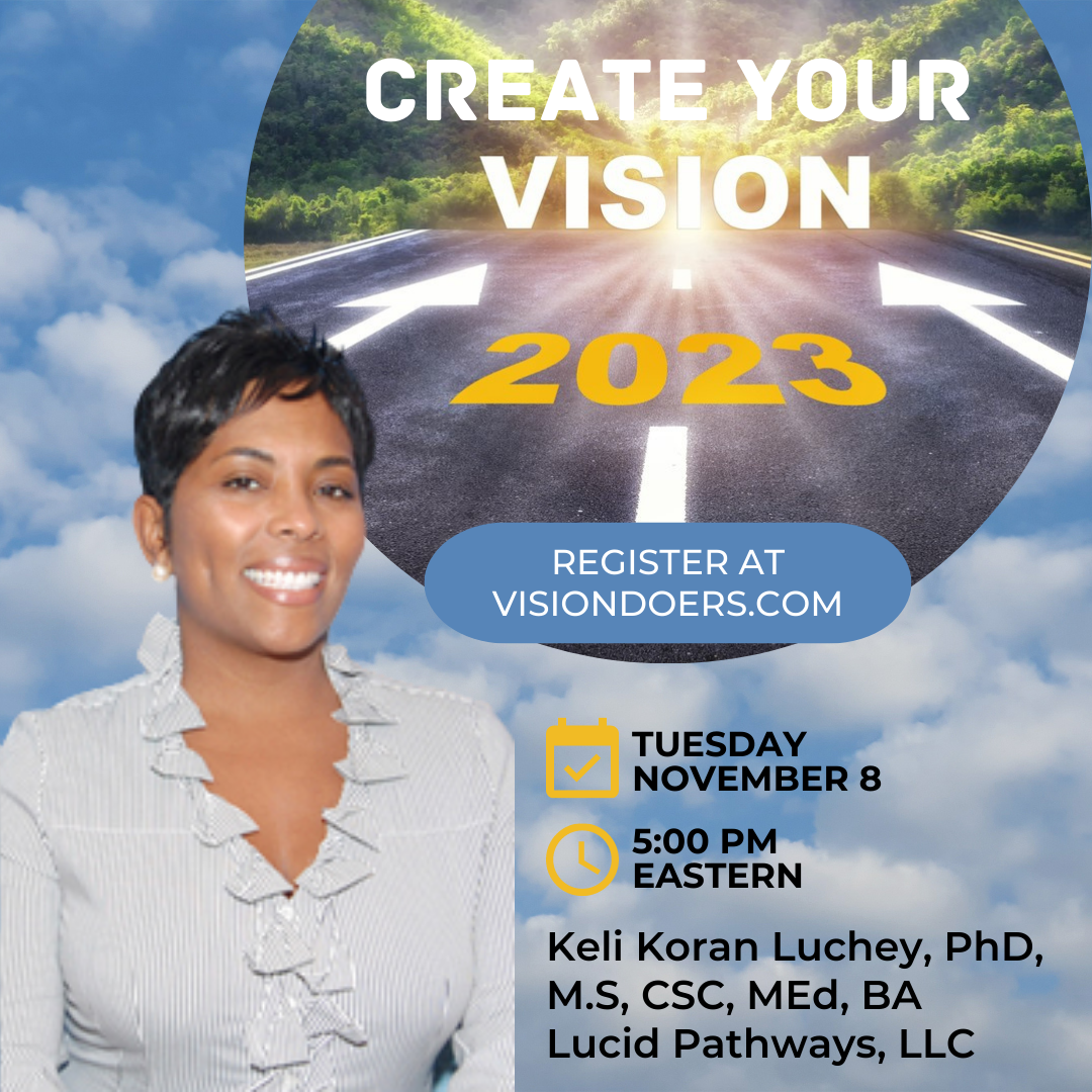 A woman stands in front of a sign that says create your vision 2023