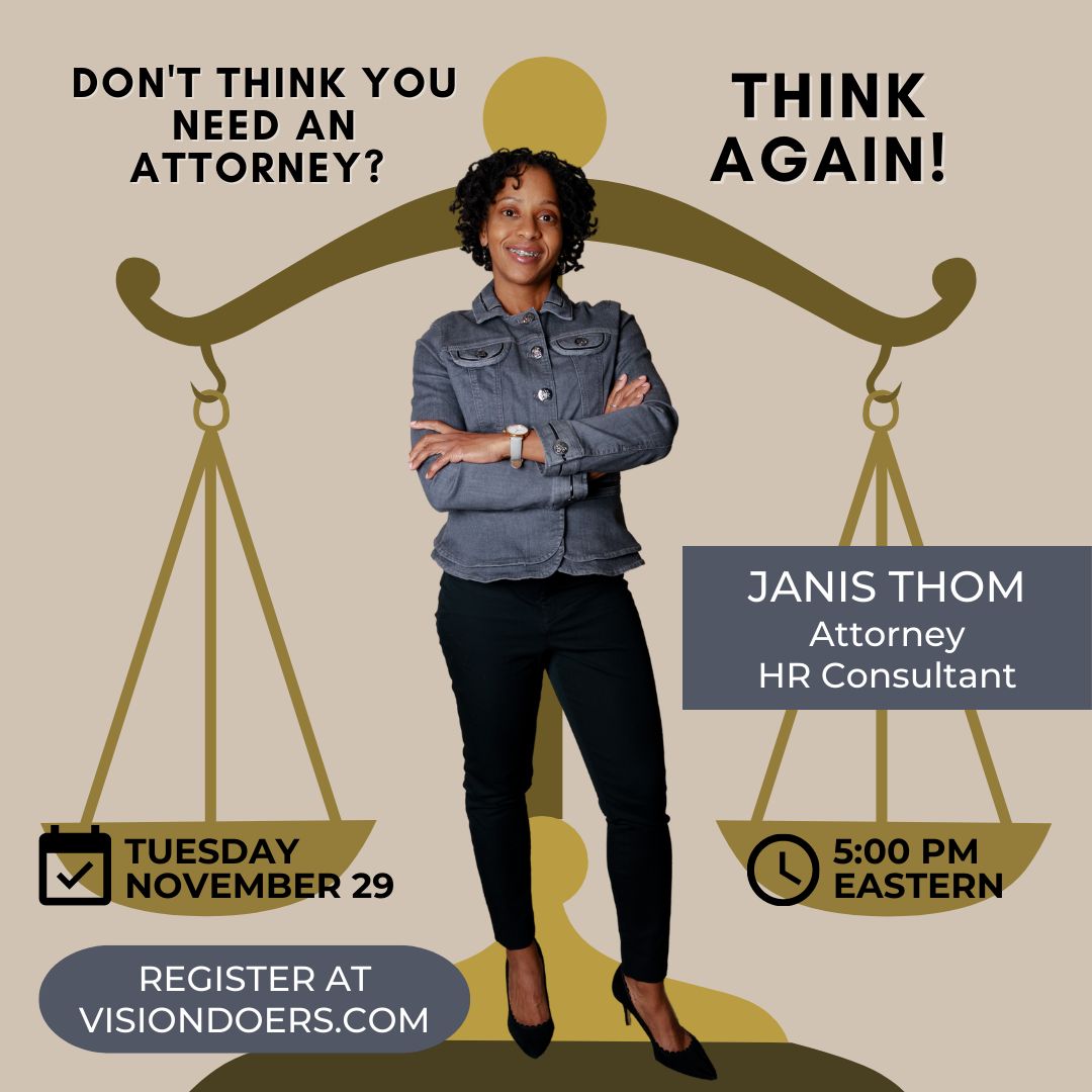 An advertisement for a janis thom attorney hr consultant