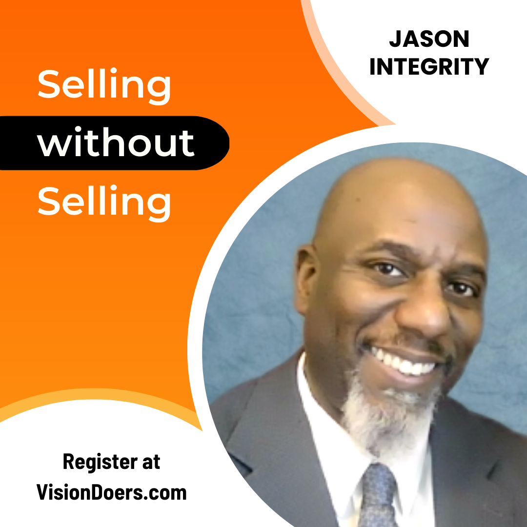 A man in a suit and tie is smiling in front of a sign that says selling without selling