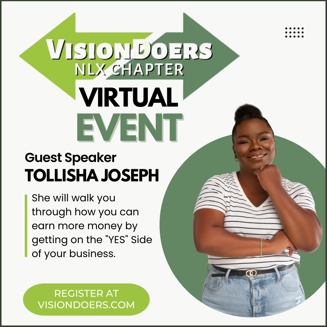A woman is standing in front of a sign that says vision doers nlx chapter virtual event