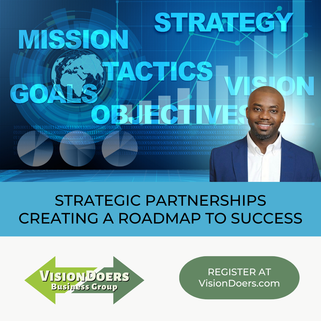 A man in a suit is standing in front of a sign that says strategic partnerships creating a roadmap to success
