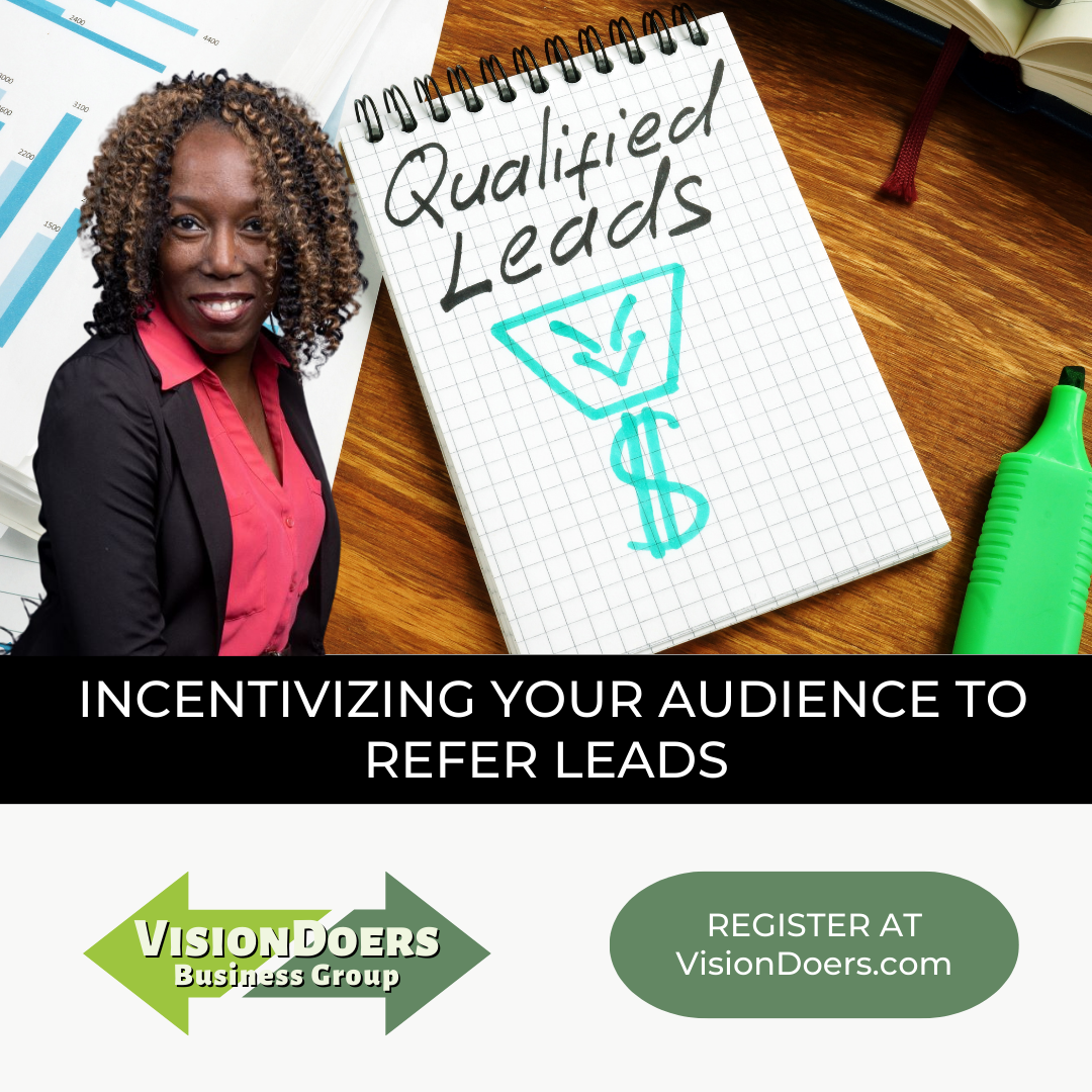 A woman is standing next to a notebook that says qualified leads