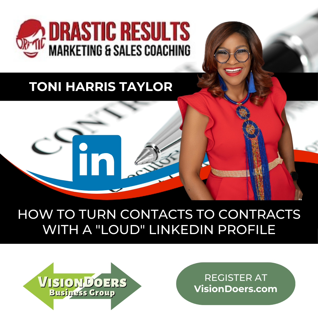 A woman in a red dress is standing in front of a linkedin logo