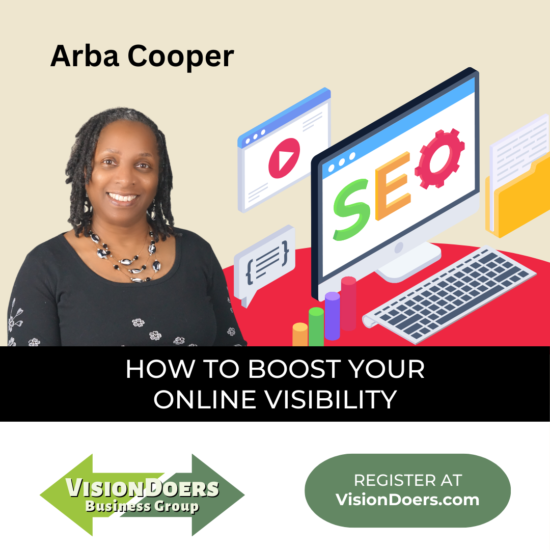 A woman is sitting in front of a computer screen that says seo