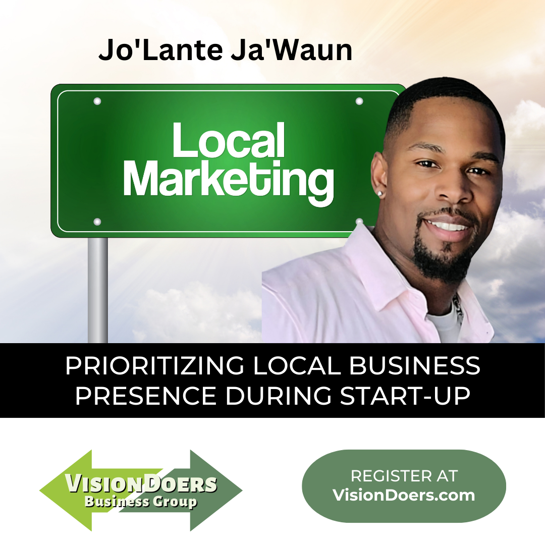 A man stands in front of a green sign that says local marketing