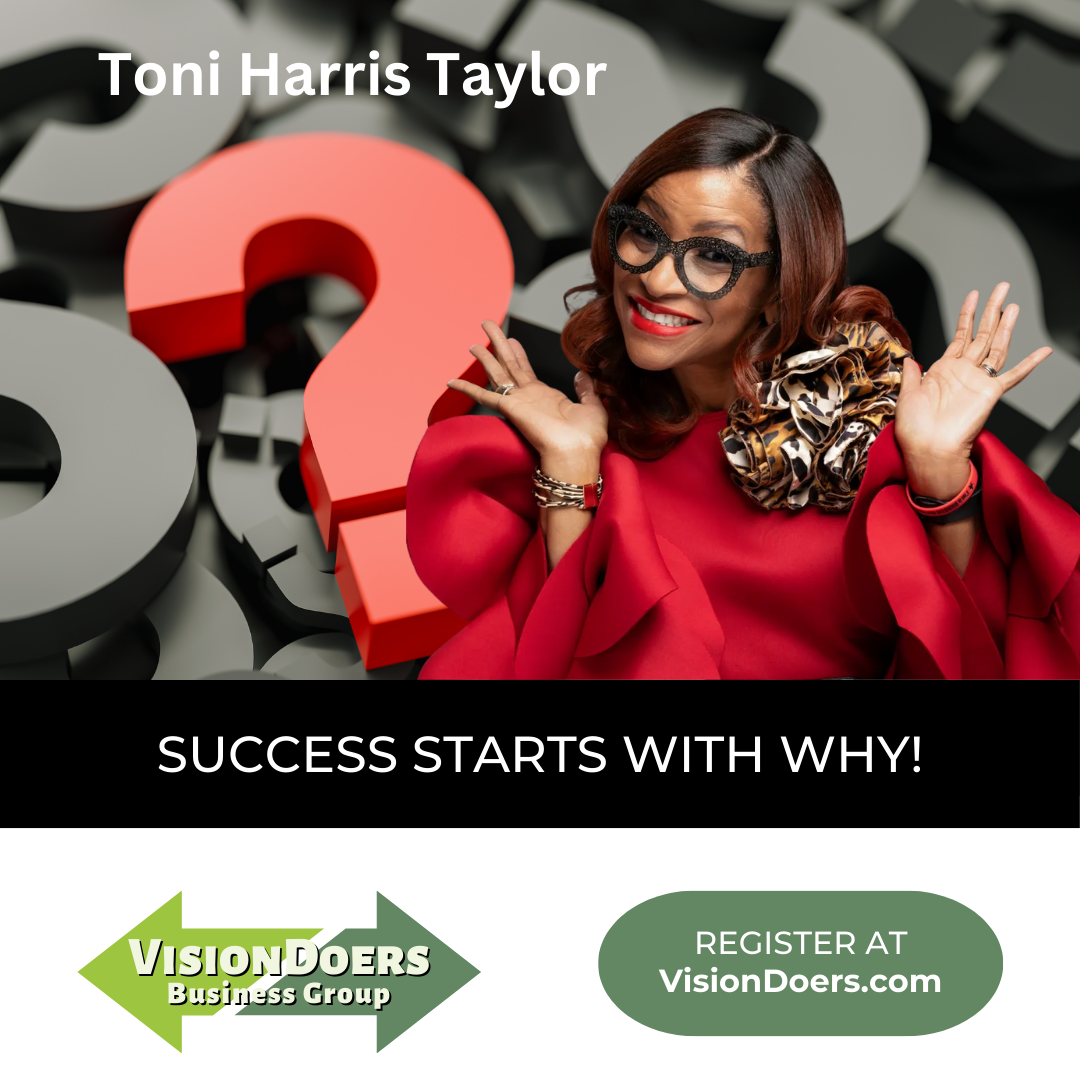 A woman in a red dress stands in front of a question mark