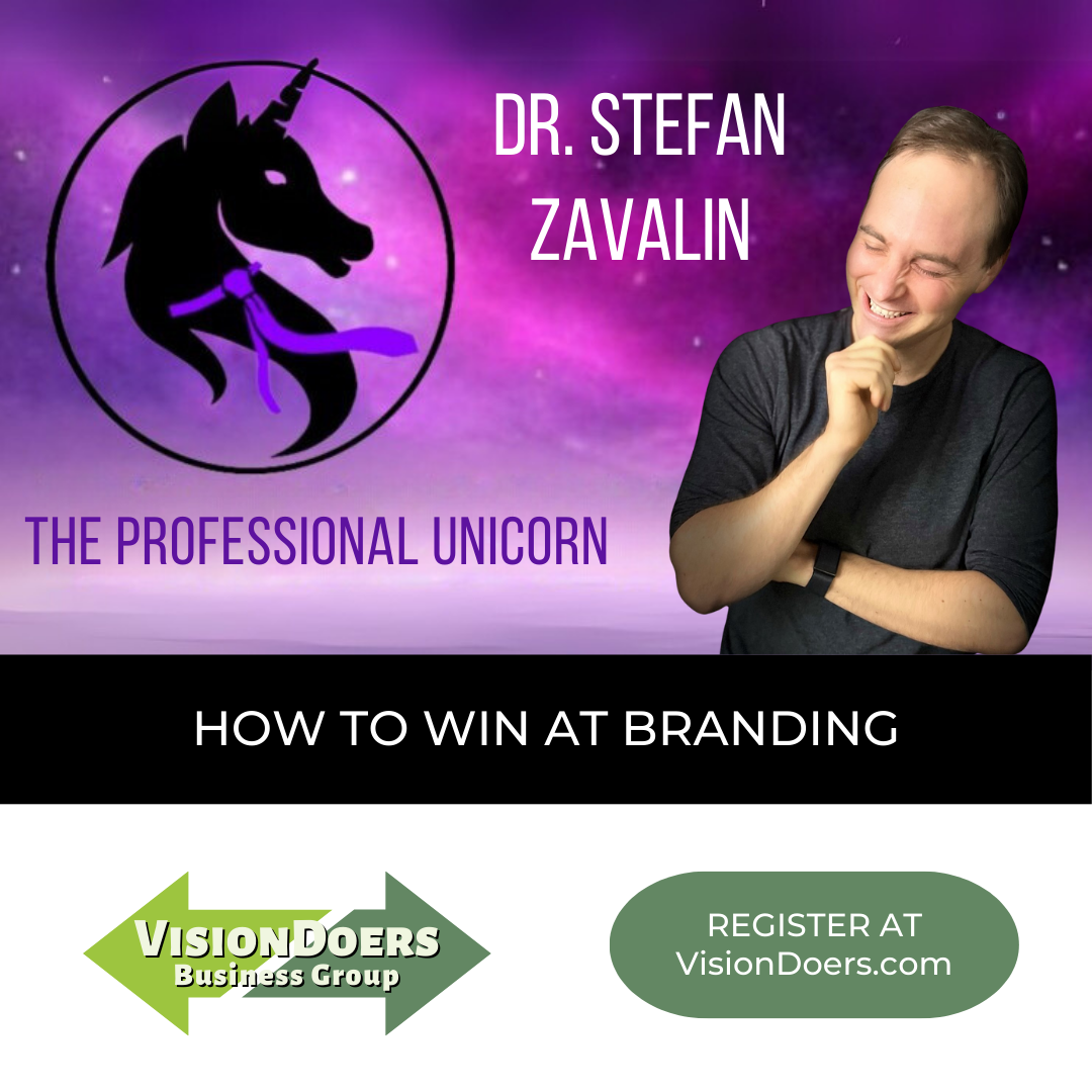 A man is standing in front of a unicorn and the words 