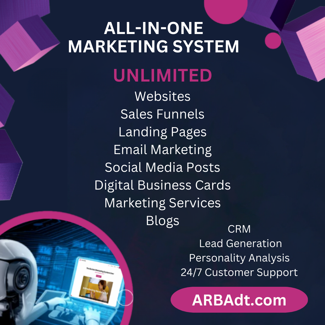 An advertisement for an all in one marketing system