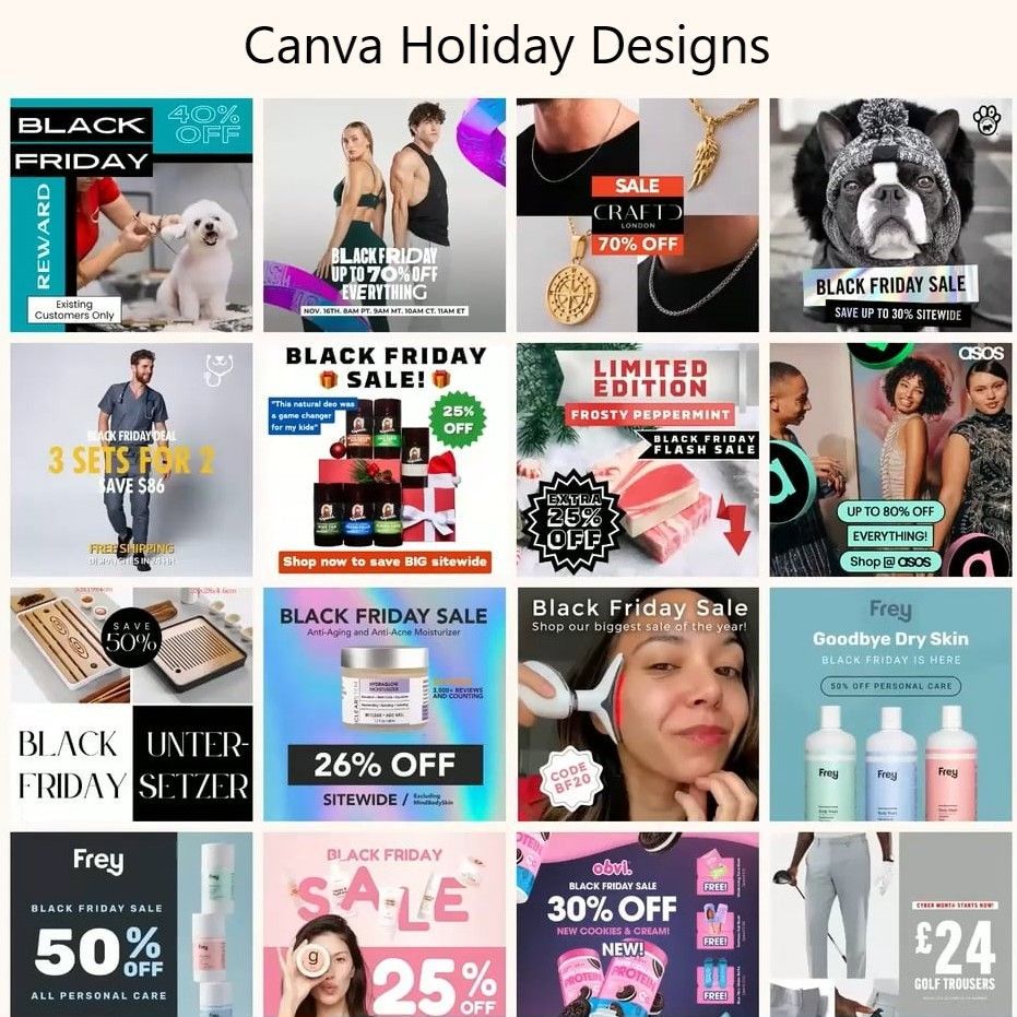Grid of Black Friday sale ads with products and discounts.