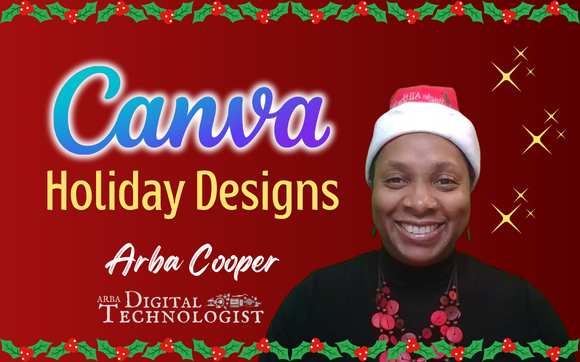 Woman with Santa hat, presents Canva Holiday Designs tutorial. Red background with holly trim and sparkles.