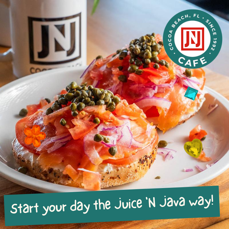 A plate of food with a Juice 'N Java way advertisement