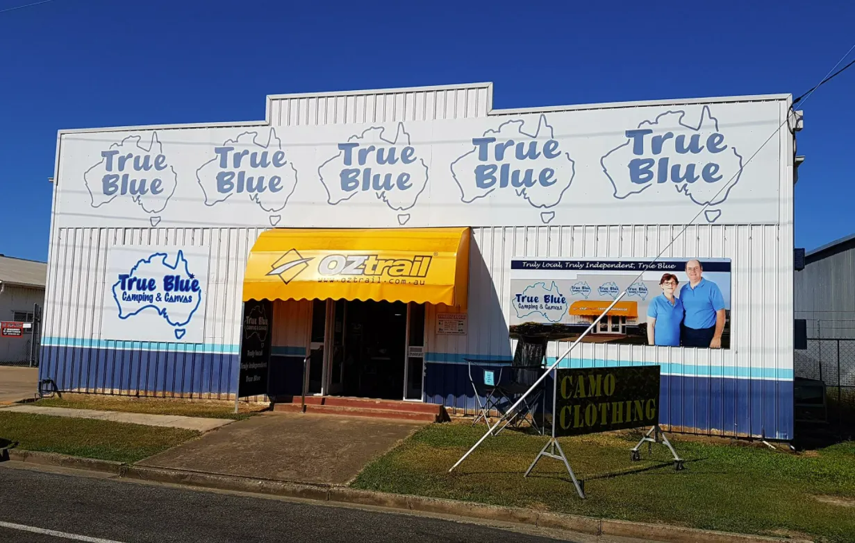 Exterior of True Blue Store With Awning, Blue/white Signage — True Blue Camping Warehouse in North Mackay, QLD