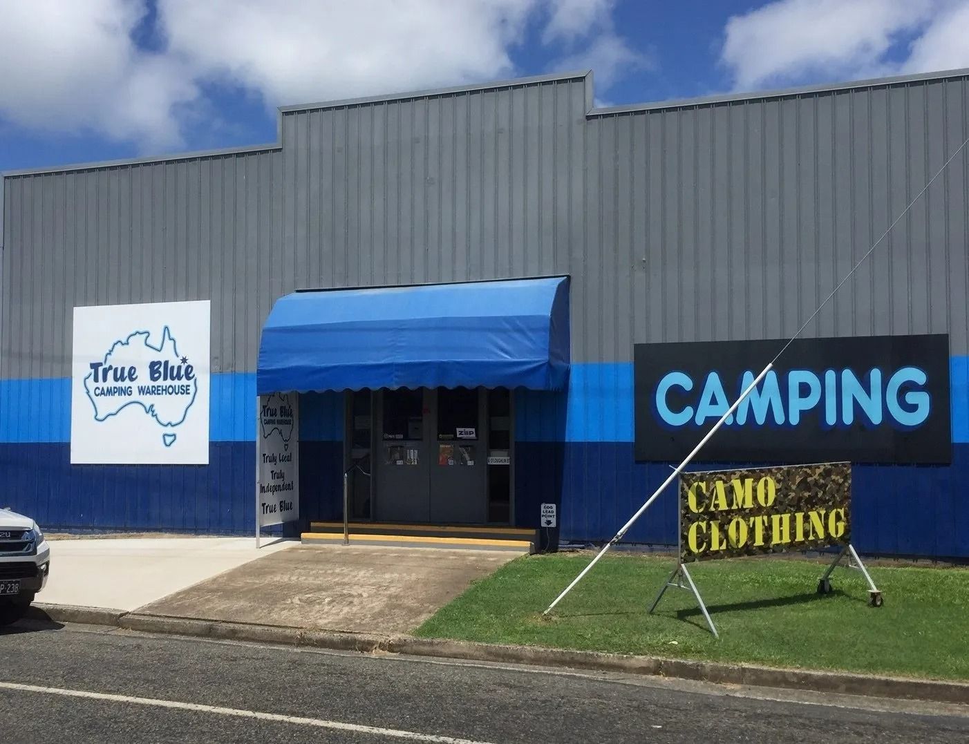 Exterior of True Hut Camping Supplies Store — True Blue Camping Warehouse in North Mackay, QLD