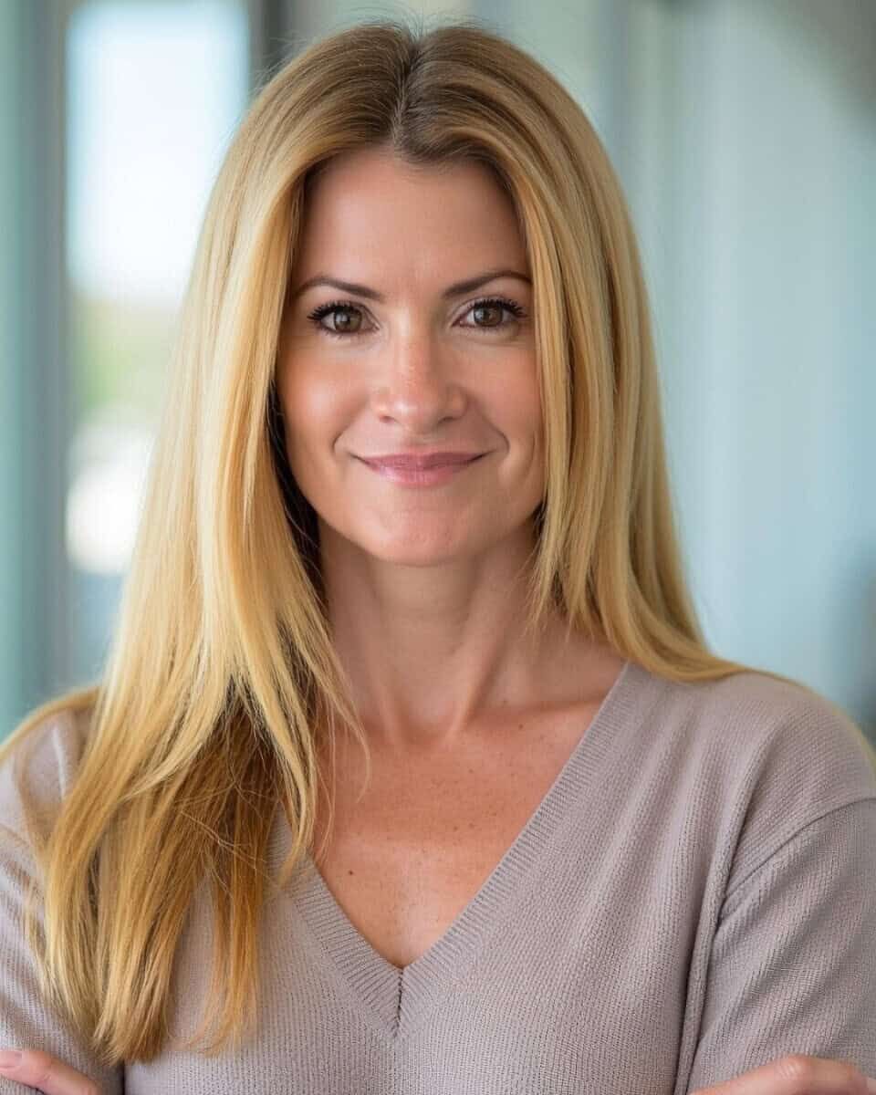 Smiling woman with long blonde hair wearing a beige top, standing indoors near a bright window.