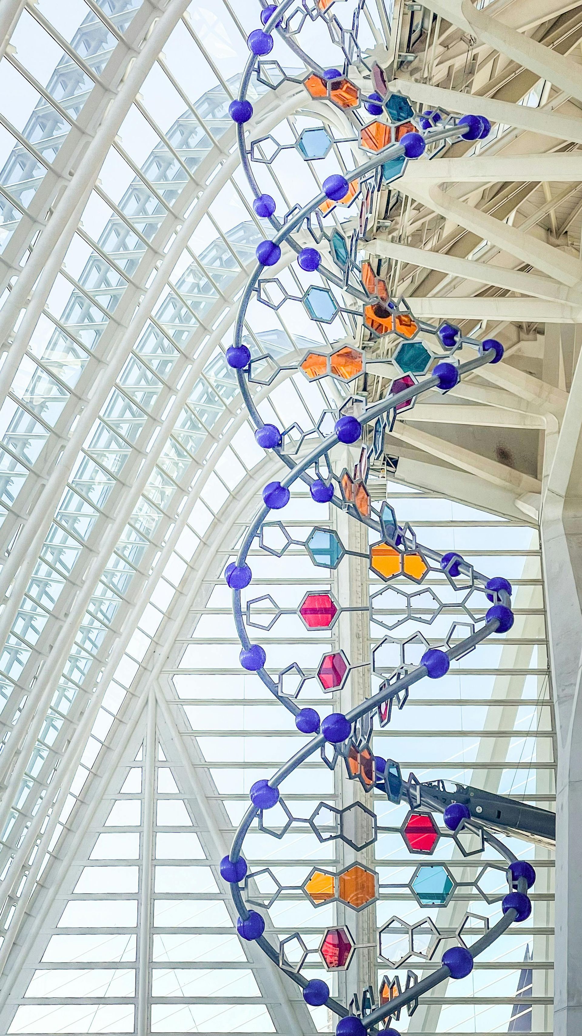 A model of a dna spiral is hanging from the ceiling of a building.
