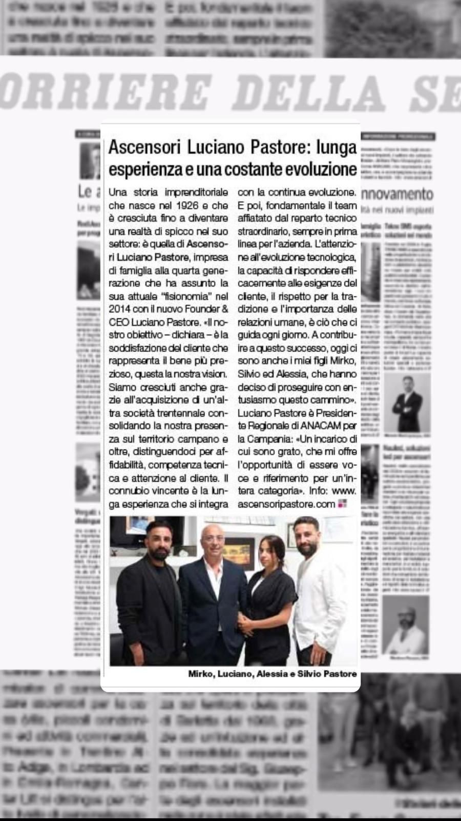 Articolo su un quotidiano italiano; Luciana Paulore; foto di gruppo con tre persone; abito nero.