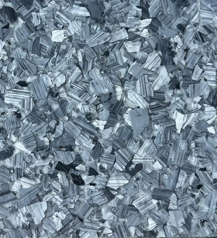 Close-up of silvery-gray metallic shards or crystals with a rough, textured surface