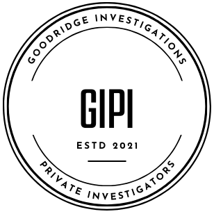 A black and white logo for goodridge investigations private investigators.