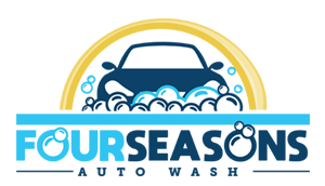 four seasons auto wash car wash in dry ridge kentucky, white full color logo of car in wash bay with bubbles