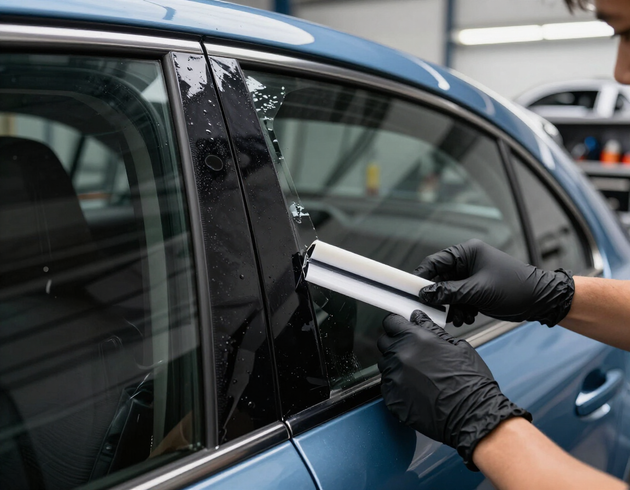 Manos enguantadas aplicando lámina tintada a la ventanilla azul de un coche en un garaje.