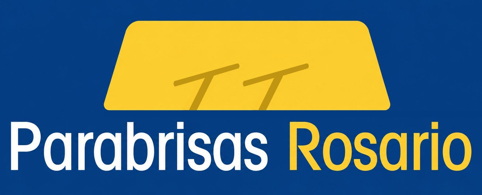 Logotipo de Parabrisas Rosario: texto blanco y amarillo sobre fondo azul con un icono de parabrisas amarillo en la parte superior.