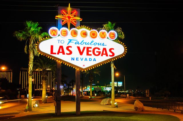 Famous Las Vegas Sign At City Entrance Detail By Night Stock Photo