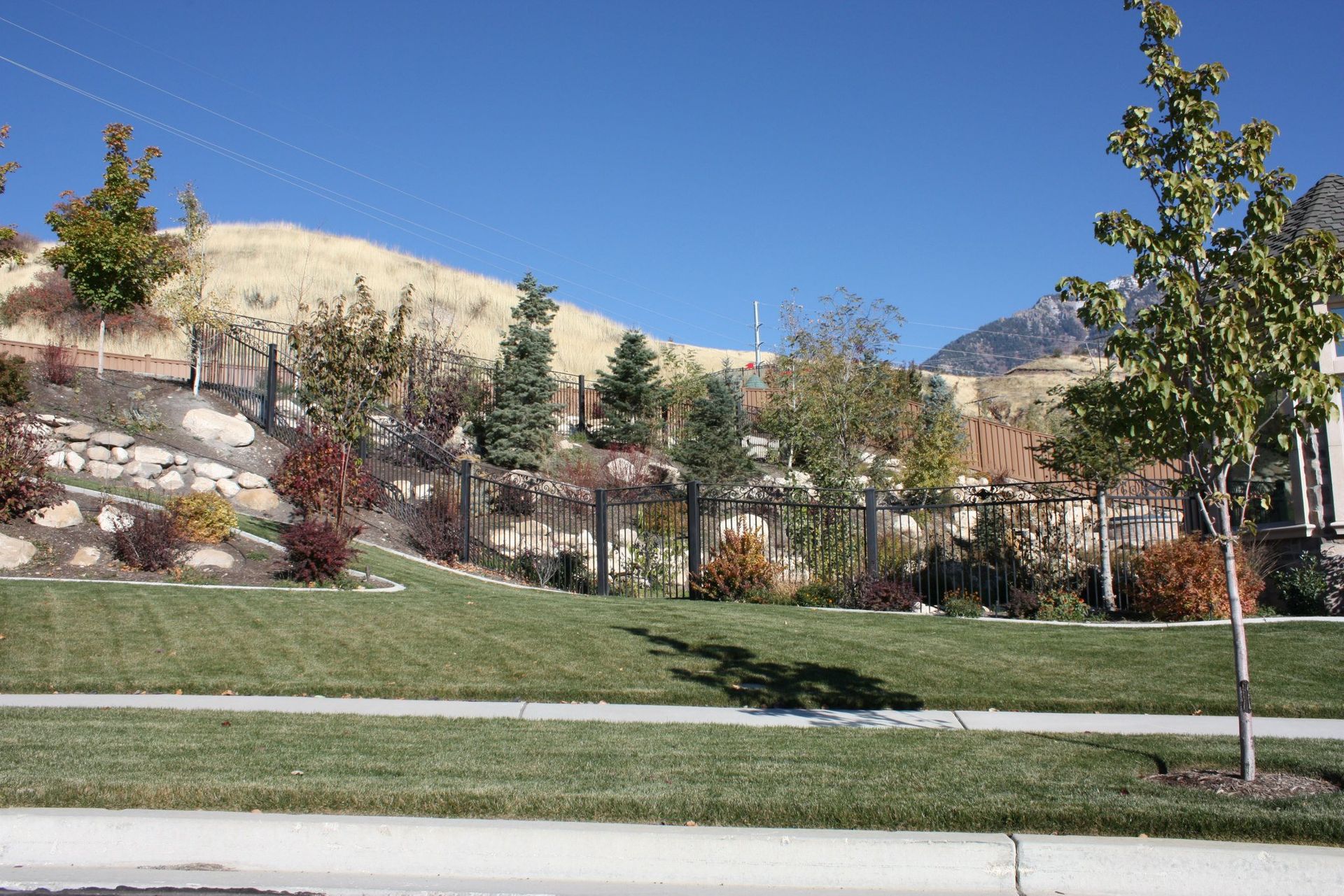 Lawn and garden with a hillside backdrop, fence, and trees under a clear blue sky.