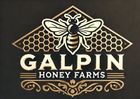 A logo for galpin honey farms with a bee and honeycombs
