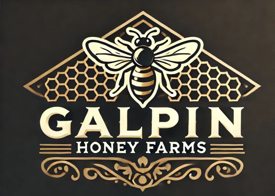 A logo for galpin honey farms with a bee and honeycombs