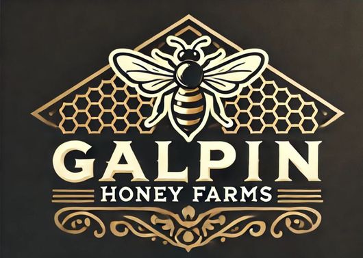 A logo for galpin honey farms with a bee and honeycombs
