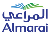 The almarai logo is blue and green and has arabic writing on it.