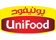 The logo for unifood is yellow and red and has arabic writing on it.