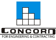 A blue and white logo for concord for engineering and contracting.