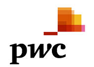 A pwc logo with a red , yellow , and pink square on a white background.