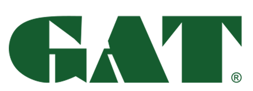A green logo for a company called gat on a white background.