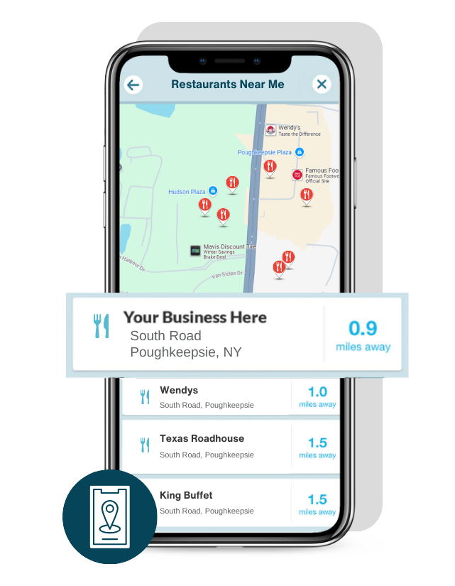 Smartphone app showing a map of nearby restaurants with a business highlighted, located on South Road, Poughkeepsie, NY.